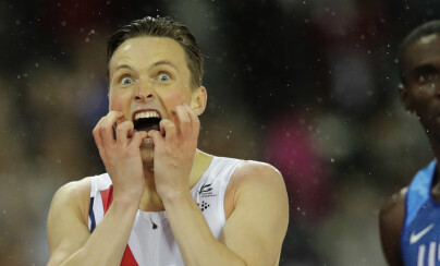 Norway's Karsten Warholm reacts at the finish line after wining the men's 400 meters hurdles final at the World Athletics Championships in London Wednesday, Aug. 9, 2017. (AP Photo/Tim Ireland)